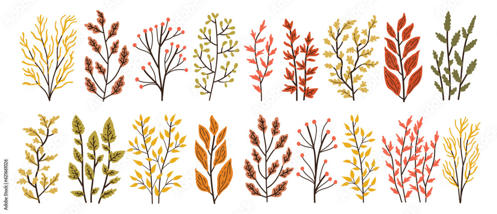 Autumn leaves and berries. Hand drawn autumn forest leaves set. isolated on white background. Cartoon leaf collection in flat style. Vector illustration Autumn leaves and berries. Hand drawn autumn forest leaves set. isolated on white background. Cartoon leaf collection in flat style. Vector illustration