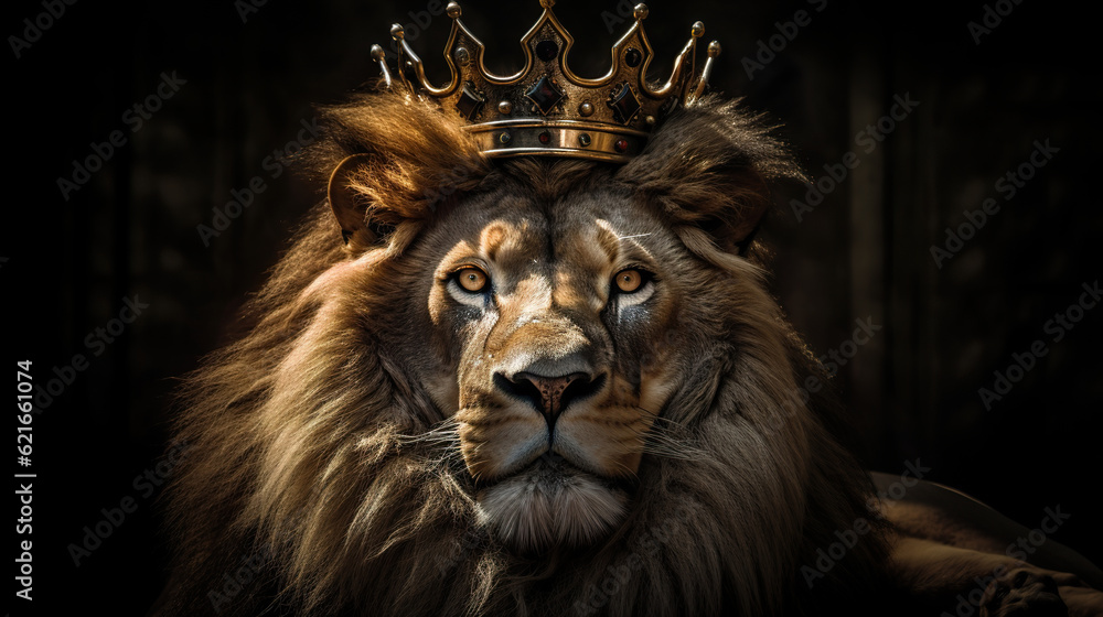 A lion king with a crown on his head. Royal lion wearing a golden crown. Cool king lion illustration design. Realistic 3D illustration. Generative AI