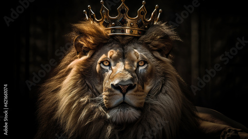 A lion king with a crown on his head. Royal lion wearing a golden crown. Cool king lion illustration design. Realistic 3D illustration. Generative AI