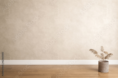 Blank beige brown wall in house with dry plant in wooden basket pot, baseboard on wooden parquet in sunlight for luxury interior design decoration, home appliance product background.3D Rendering photo