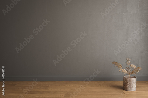 Blank gray wall in house with dry plant in wooden basket pot, baseboard on wooden parquet in sunlight for luxury interior design decoration, home appliance product background.3D Rendering photo