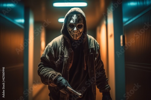 A masked killer with a menacing expression, wielding a sharp weapon, standing in a dimly lit corridor, amplifying the suspense and fear for a horror-themed event. Generative Ai