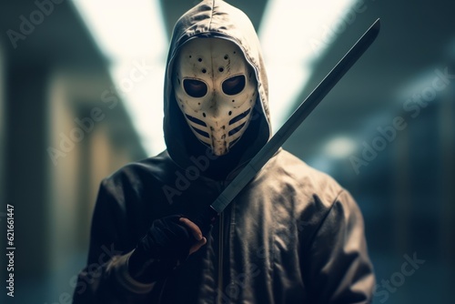 Fotografia A masked killer with a menacing expression, wielding a sharp weapon, standing in a dimly lit corridor, amplifying the suspense and fear for a horror-themed event