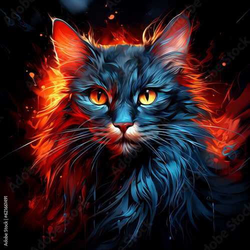 Striking digital paint of a cat with bold and dynamic lines, conveying a sense of untamed energy and wildness. The artwork captures the essence of the feline's grace and fierce nature.