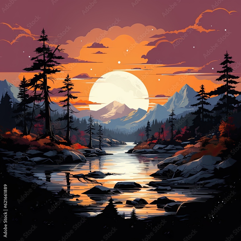 AI-generated illustration of an orange and purple sunrise or sunset at a mountain lake. MidJourney.