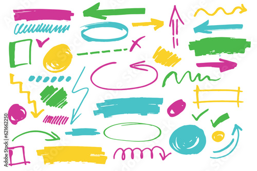 Highlighter vector marks, pen different lines and symbols, arrows . Permanent marker for text selection, isolated doodle strokes set.