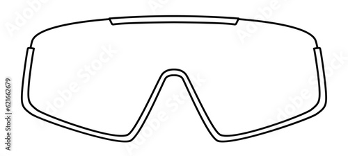 Ski Shield frame glasses fashion accessory illustration. Sunglass front view for Men, women, unisex silhouette style, flat rim spectacles eyeglasses with lens sketch style outline isolated on white
