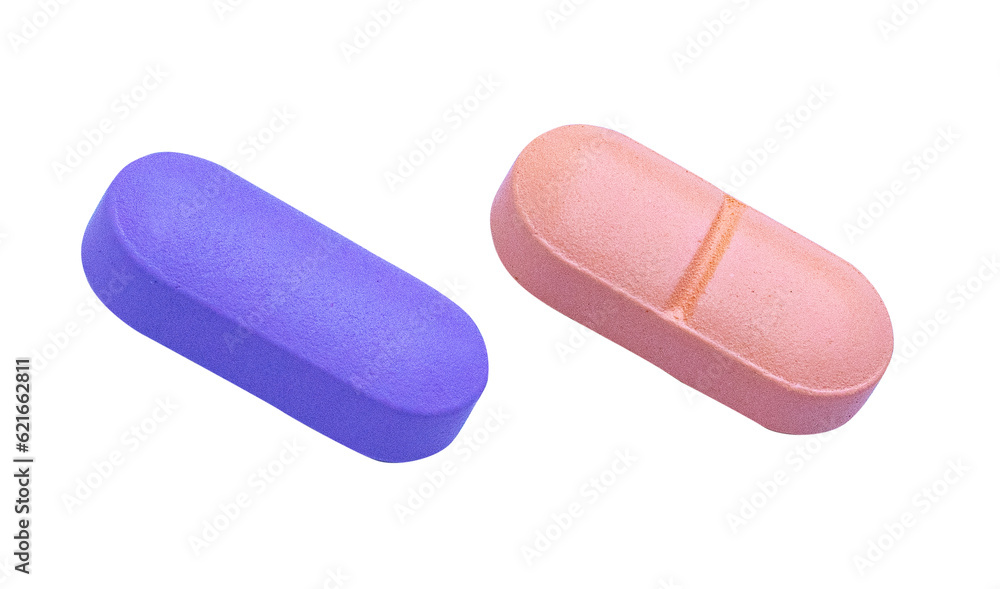 Supplement capsule pink, purple drug isolated on white background. Pill strengthens immune system. Body's immune response after vaccine is good is becoming popular. Medicine nourish body. Supplement capsule pink, purple drug isolated on white background. Pill strengthens immune system. Body's immune response after vaccine is good is becoming popular. Medicine nourish body.