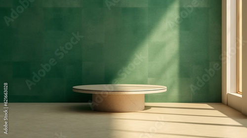 Minimal modern wooden beige round table in sunlight, window grilles shadow on clean blank green wall and beige brown floor for product display background 3D