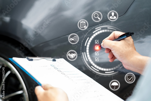 Service quality of car insurance protection concept, Insurance agent checklist, and working on car accident claim process warranty, modern and quality control with modern online technology