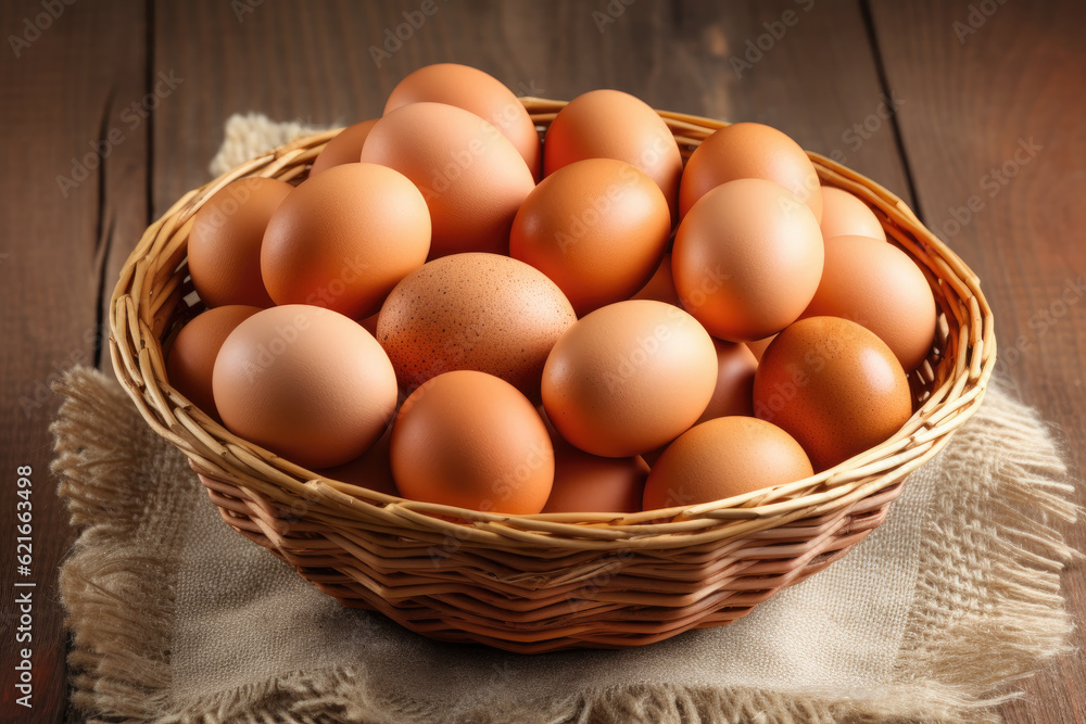 Eggs in a wicker basket on a wooden background. Eggs in a wicker basket on a wooden background.