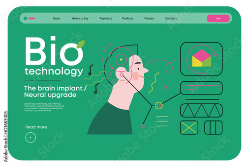 Bio Technology, Brain implant, Neural upgrade -modern flat vector concept illustration of brain implant, integration, enhanced cognitive abilities. Pushing boundaries of potential, neural upgrades