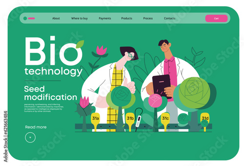 Bio Technology, Seed Modification -modern flat vector concept illustration of scientists analysing genetic modificated variants of a plant. Metaphor of direct impact of GMO on vegetation