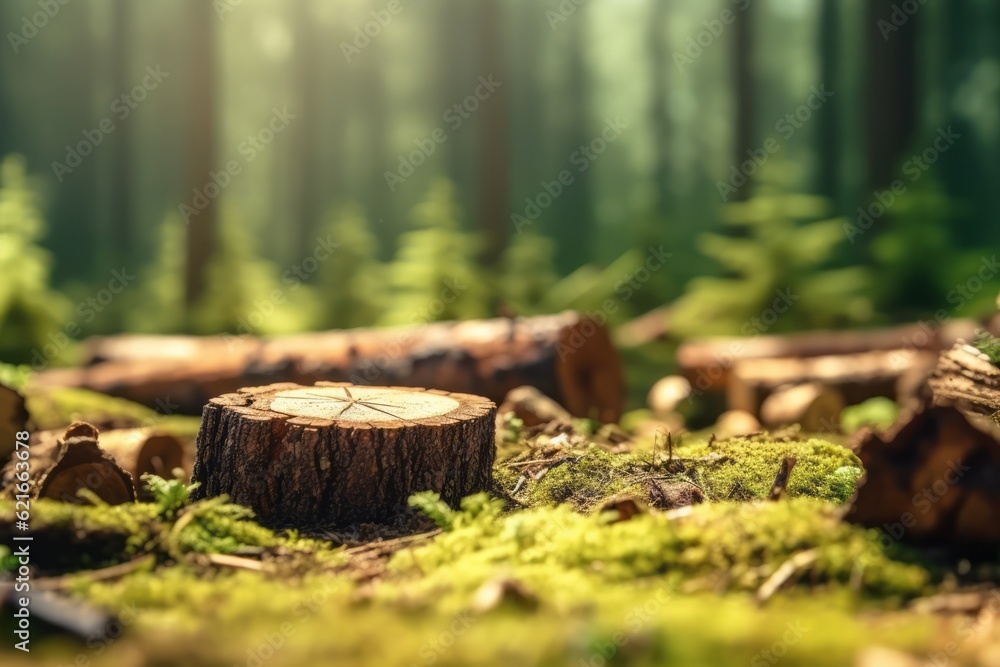An image showcasing the aftermath of illegal logging, with tree stumps ...