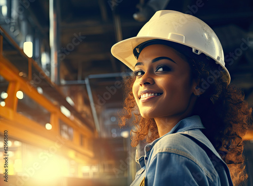 African-American female wearing a hard hat at a construction site.