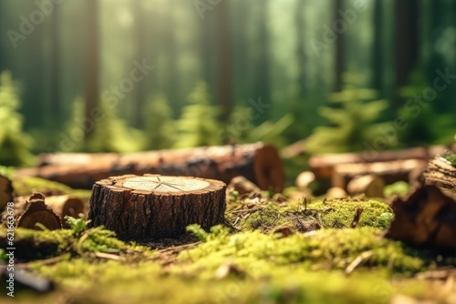 An image showcasing the aftermath of illegal logging, with tree stumps and destruction, highlighting the importance of sustainable forestry practices. Generative Ai