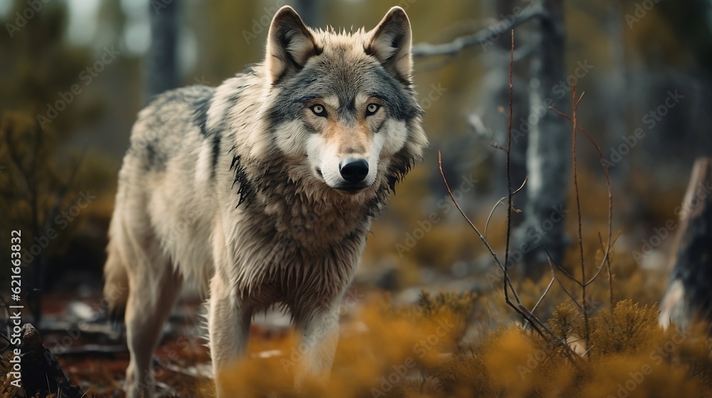 a gray wolf shot in jungle created with generative ai