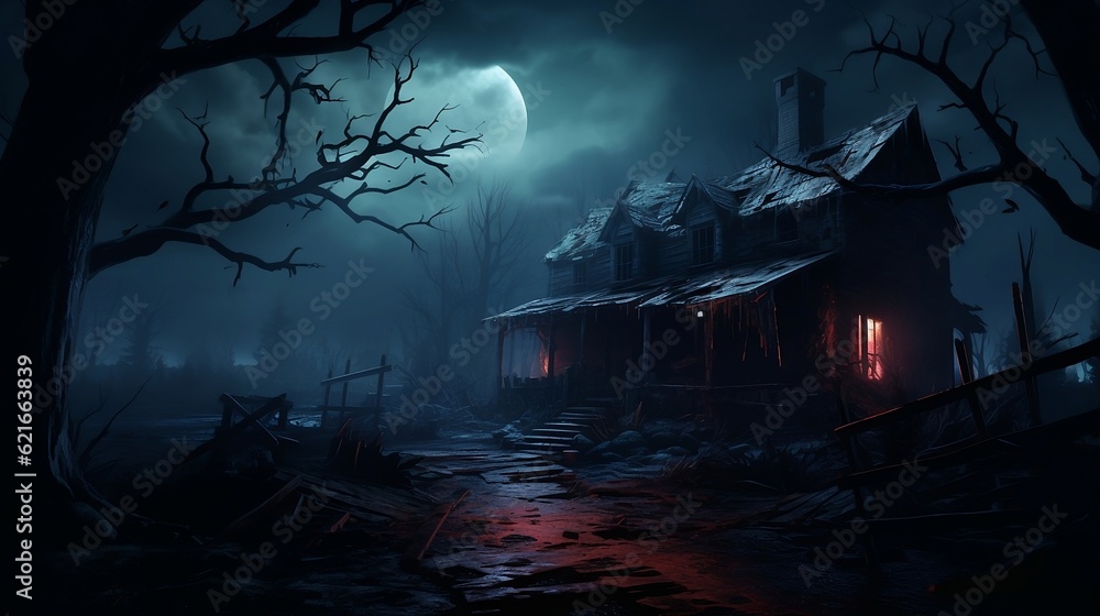 A creepy haunted house with a weathered, vintage look for Halloween and other spooky occasions. an abandoned house, eerie whispers, and a sense of impending doom created with generative ai