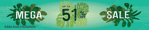 51% off. Horizontal green banner. Summer tropical leaves theme. Advertising for Mega Sale. Up to fifty-one percent discount for promotions and offers