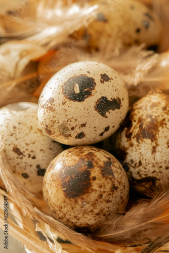 speckled eggs and brown fluffy feathers.Quail eggs with feathers in the straw. Useful healthy food and products.natural quail eggs set