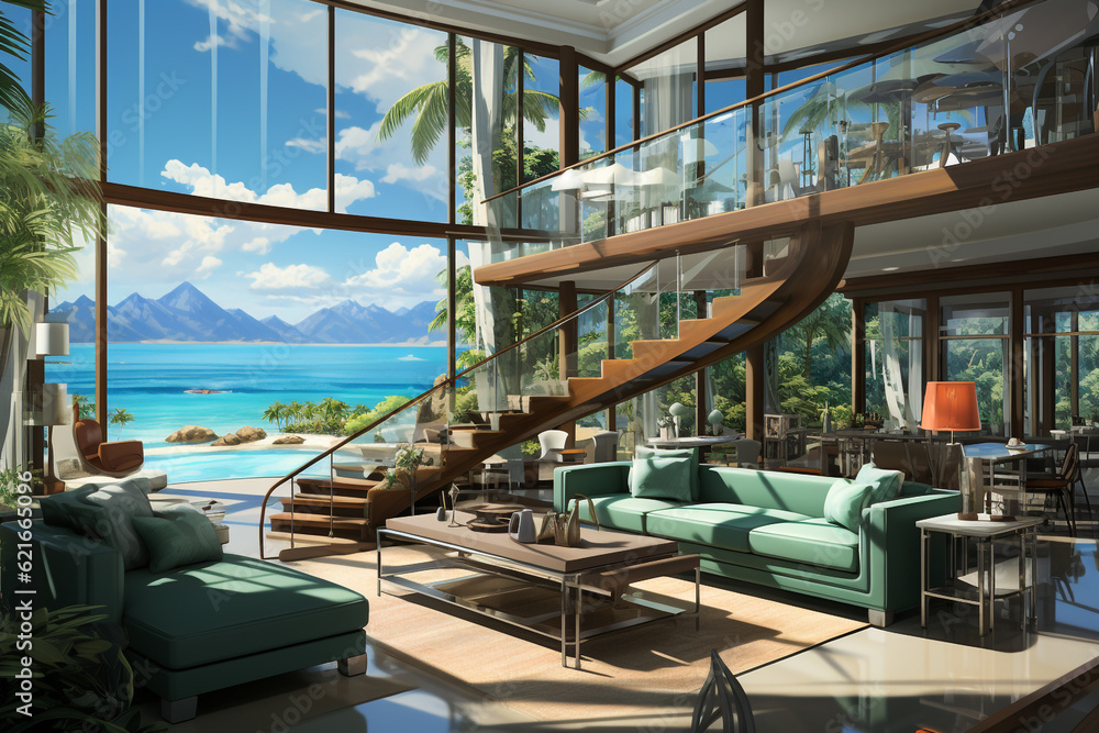 Illustration of modern interior. Living room or hall with large windows and a lot of light. tropical climate Digital painting. Generative Ai content.