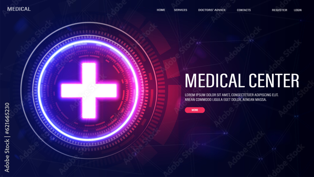 Neon medical cross with luminous frame in pink and blue. Web banner on the topic of smart medicine with text. Neon medical cross with luminous frame in pink and blue. Web banner on the topic of smart medicine with text.