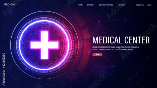 Neon medical cross with luminous frame in pink and blue. Web banner on the topic of smart medicine with text.