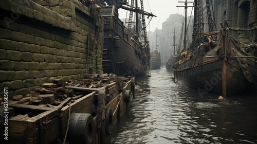 Two ships are docked in a narrow canal. Generative AI image.