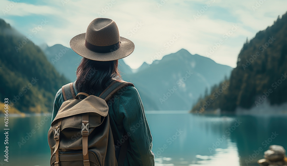 woman from behind with backpack and hat on a mountain in front of a landscape with a lake. illustration of ai generative