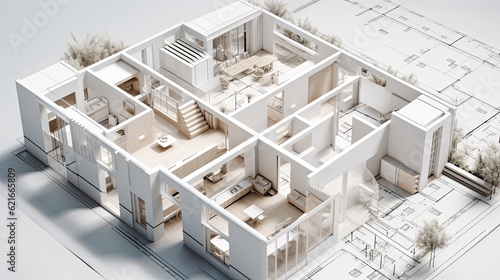 Cad 3d rendering of a house on the computer, mockup of house design in 3d, cad drafting in revit or autocad, AI