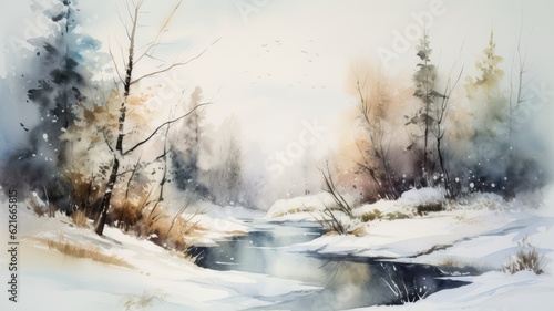 Watercolor of winter lake, snow covered forest and river illustration, landscape painting, AI © Michael