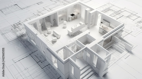 Cad 3d rendering of a house plan on the computer, mockup of house design in 3d, cad drafting in revit or autocad, AI