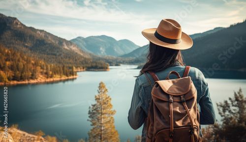 woman from behind with backpack and hat on a mountain in front of a landscape with a lake. illustration of ai generative © Helena GARCIA