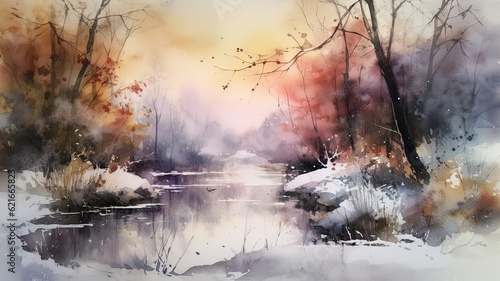 Watercolor of winter lake, snow covered forest and river illustration, landscape painting, AI