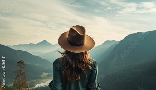 woman from behind with hat on a mountain in front of a landscape with a lake. illustration of ai generative