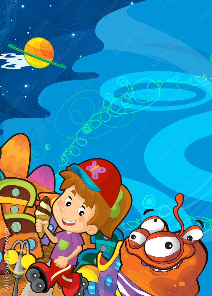 Naklejka premium Cartoon funny colorful scene of cosmos galactic alien ufo isolated illustration for children