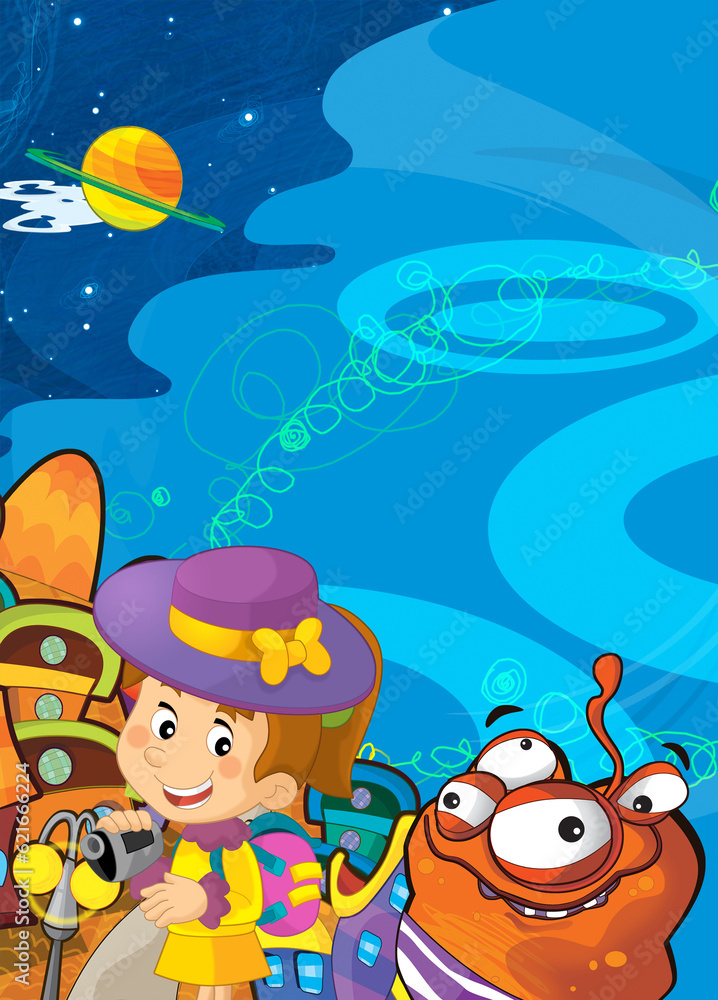Cartoon funny colorful scene of cosmos galactic alien ufo isolated illustration for children Cartoon funny colorful scene of cosmos galactic alien ufo isolated illustration for children