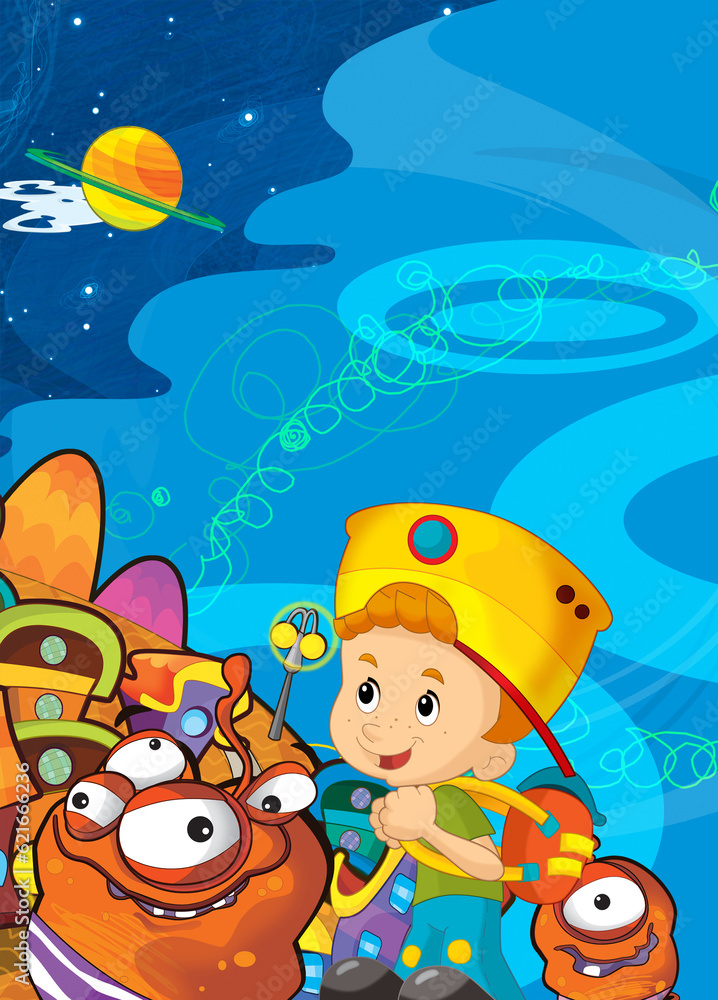 Cartoon funny colorful scene of cosmos galactic alien ufo isolated illustration for children Cartoon funny colorful scene of cosmos galactic alien ufo isolated illustration for children
