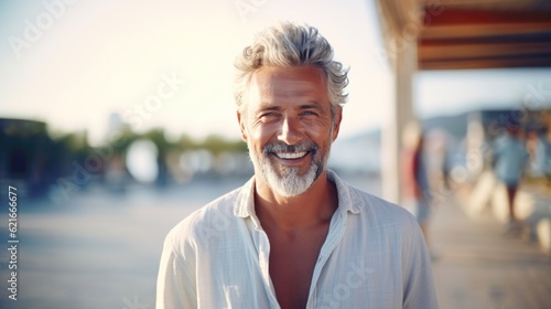 Senior man smiling at the camera outdoors. Close-up portrait of a laughing handsome European man in the city. Middle-aged Caucasian man walking in a city.