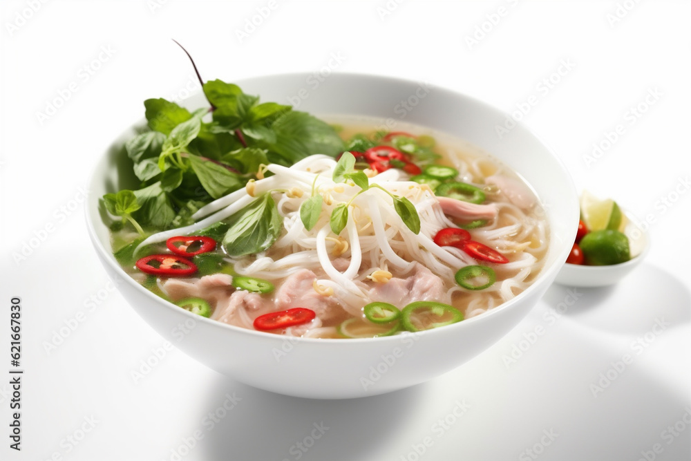 dish pho soup asian broth food background white bowl traditional bo noodle. Generative AI. dish pho soup asian broth food background white bowl traditional bo noodle. Generative AI.