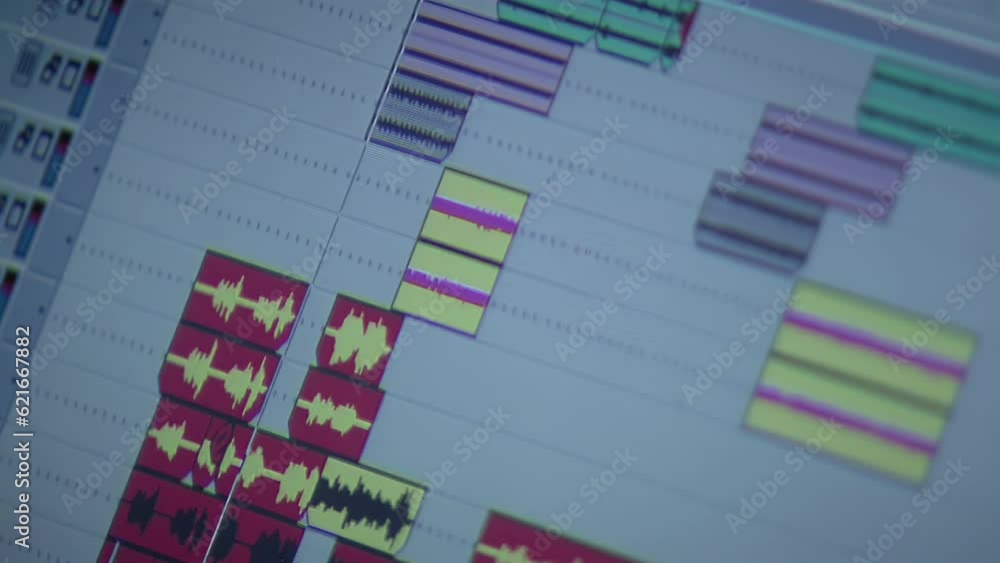 Audio Editing, Computer Monitor Screen with Audio Tracks at Audio Editing Software. Close Up. Audio Editing, Computer Monitor Screen with Audio Tracks at Audio Editing Software. Close Up.