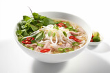 dish pho soup asian broth food background white bowl traditional bo noodle. Generative AI.