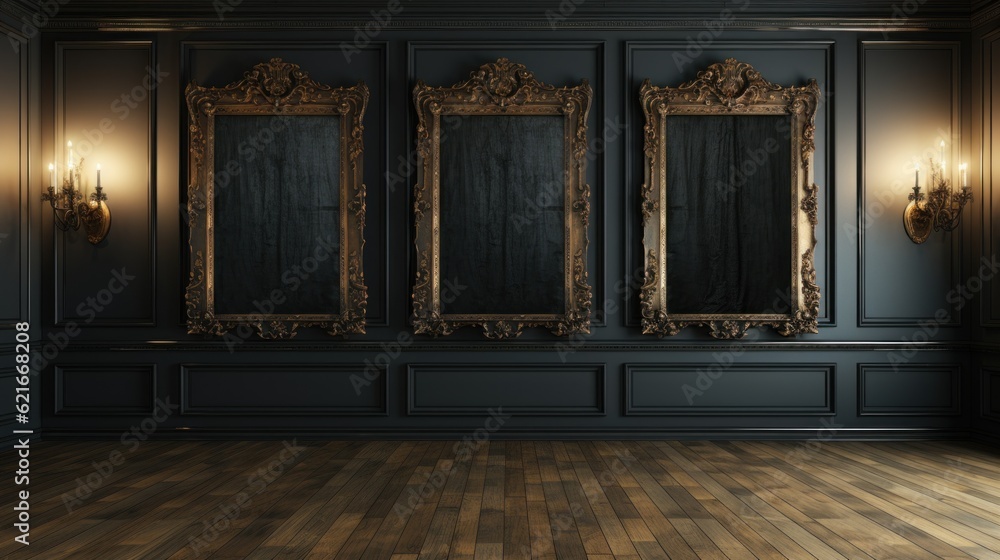 An empty room with three mirrors on the wall. Generative AI image. - obrazy, fototapety, plakaty 