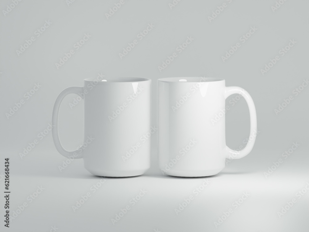 White coffee cups 15 oz with copy space for the logo, text or design on a white background. Mock up for drink concept. Two mugs. 3D Rendering. White coffee cups 15 oz with copy space for the logo, text or design on a white background. Mock up for drink concept. Two mugs. 3D Rendering.