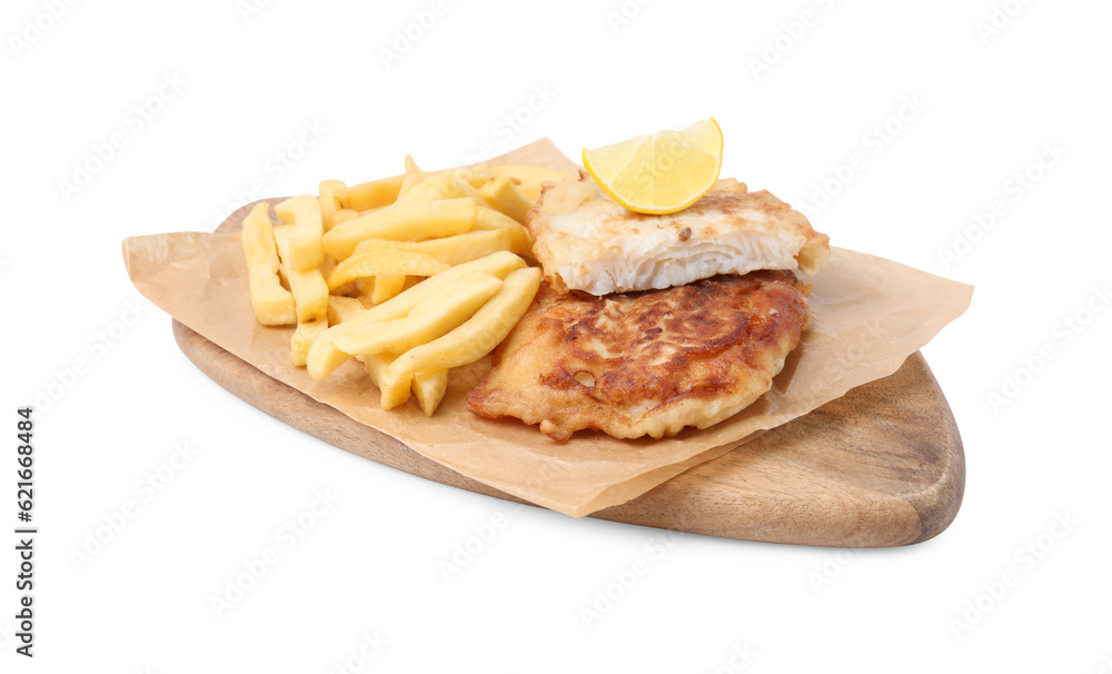 Tasty fish in soda water batter, potato chips and lemon slice isolated on white