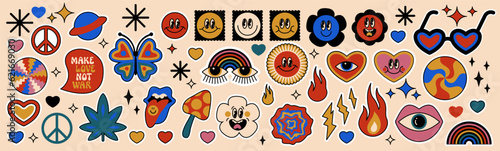 Vector groovy psychedelic smiley faces. Bold retro illustrations kit. Crazy social media emoticons, icons. Positive vibes funky hippie emotion stickers. Faces with different emotions
