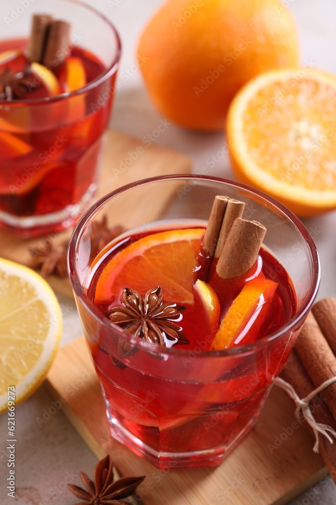 Aromatic punch drink and ingredients on table Aromatic punch drink and ingredients on table