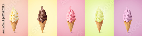 Tablou pe pânză Set of different delicious soft serve ice creams in crispy cones on pastel color