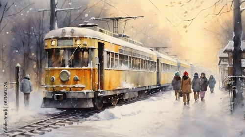 Realistic Watercolor Painting Of An Old Yellow Train In Winter photo