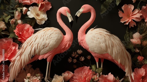 Two pink flamingos standing next to each other. Generative AI image. photo